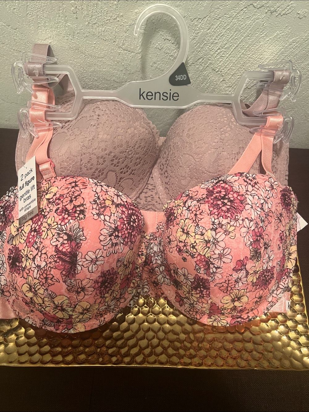 #2399**kensie Women's Floral Pink & Mauve Lace Bra Set - 34DD